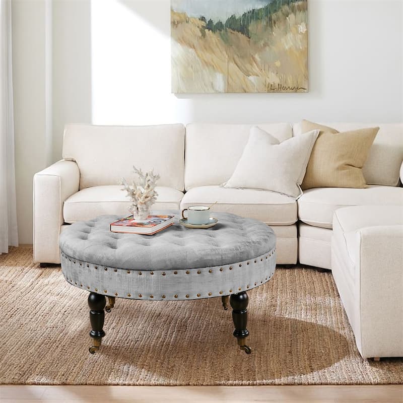 Round Velvet Tufted Coffee Table Ottoman, 34" x 34" x 17" H