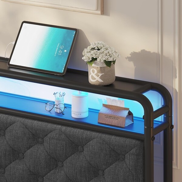 Bed Frame LED Light Headboard Platform Bed Frame Faux