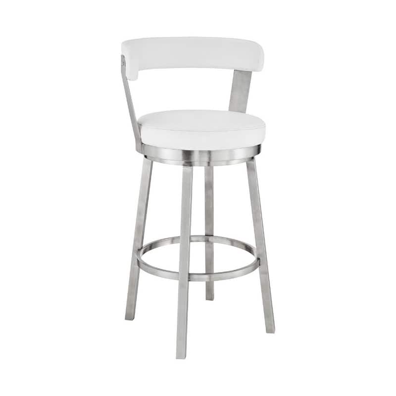 Swivel Counter Barstool with Curved Open Back and Metal Legs - White and Silver