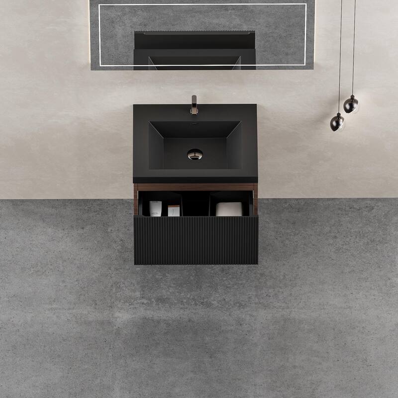 GDFStudio - Carson 24-Inch Floating Bathroom Vanity with Quartz Sand Basin and Fluted Storage Drawer