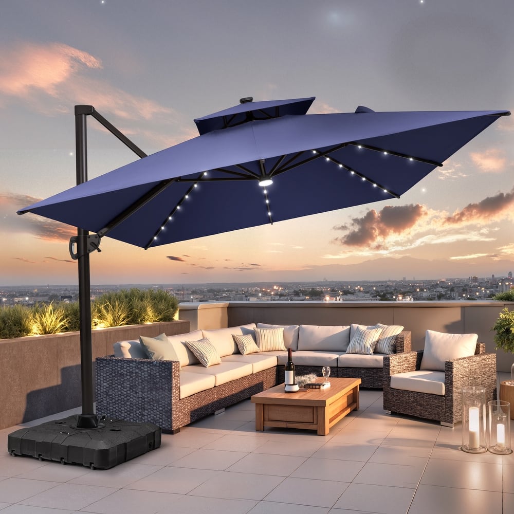 9 X 11 FT Outdoor Patio Cantilever Umbrella with Solar Lights All-Weather Wheeled Base Double Canopy 360 Rotation Tilt