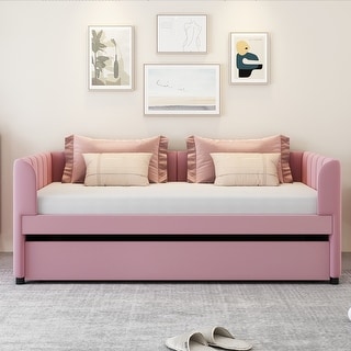 Twin Size Stylish Velvet Upholstered Daybed Ergonomic Design Backrest Daybed with Trundle Bed Wood Slat Support, Pink