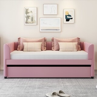 Twin Size Velvet Upholstered Daybed with Trundle Bed and Ergonomic Design Backrest, Apartment Livingroom Sofa Bed