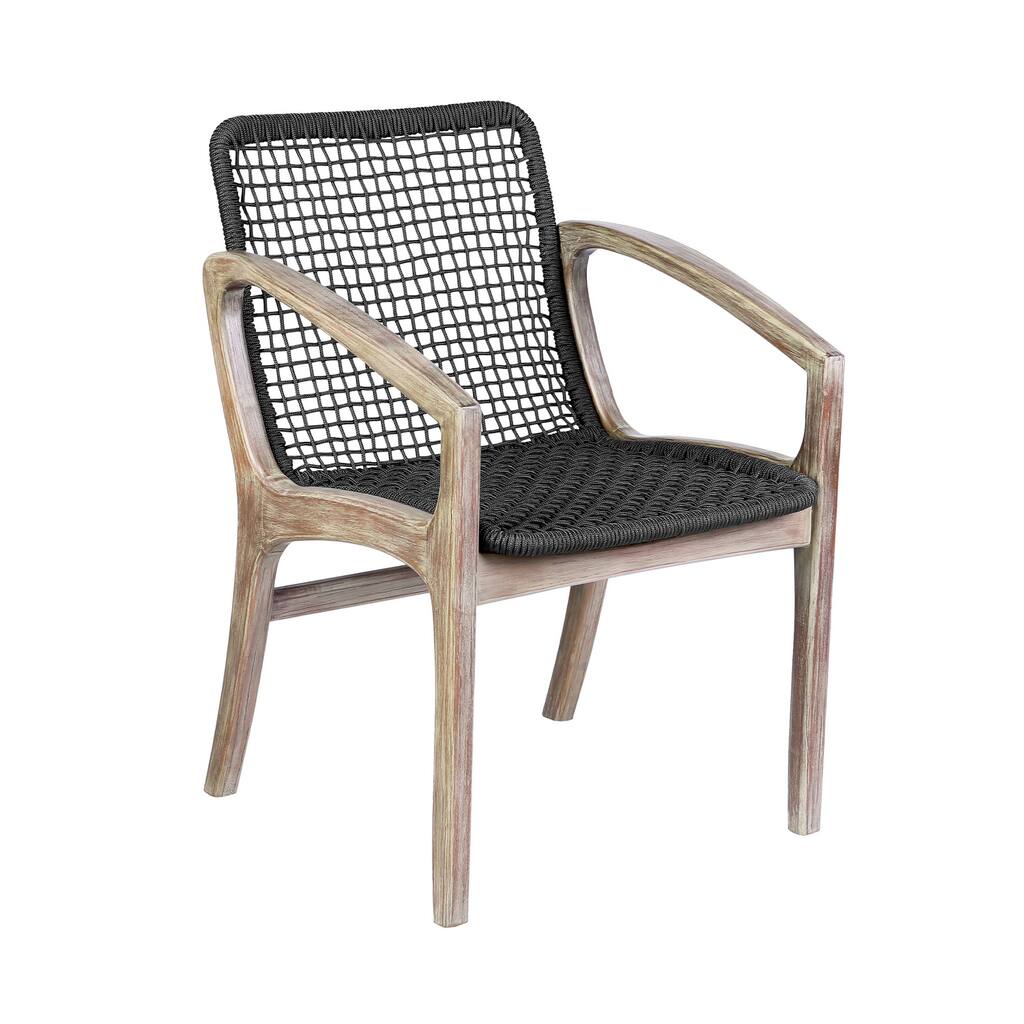 Tira 25 Inch Outdoor Patio Dining Chair, Brown Eucalyptus Frame, Woven Rope
