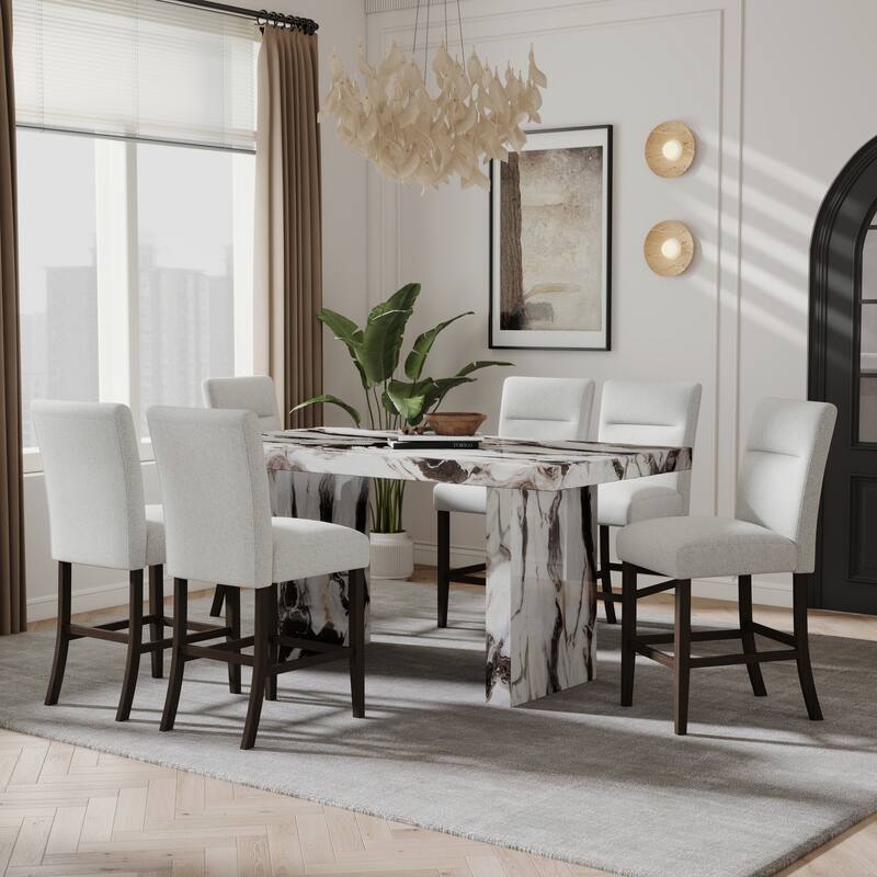 Roundhill Furniture Cavira 7-Piece Modern Faux Marble Dining Set, Counter Height Table with 6 Upholstered Chairs