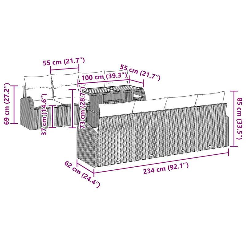 vidaXL 9 Piece Garden Sofa Set with Cushions - 92.1×24.4×27.2