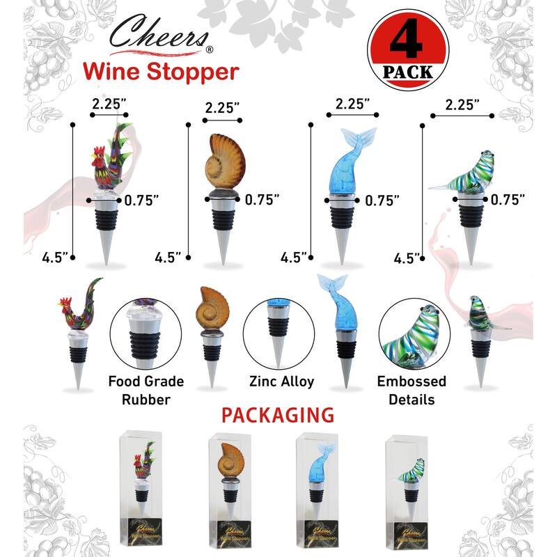 Cheers Rooster, Sea Shell, Mermaid Tail, Seal Glass Wine Stopper, 4 Pc - 2.5 Lx1.25 Wx4 H inches
