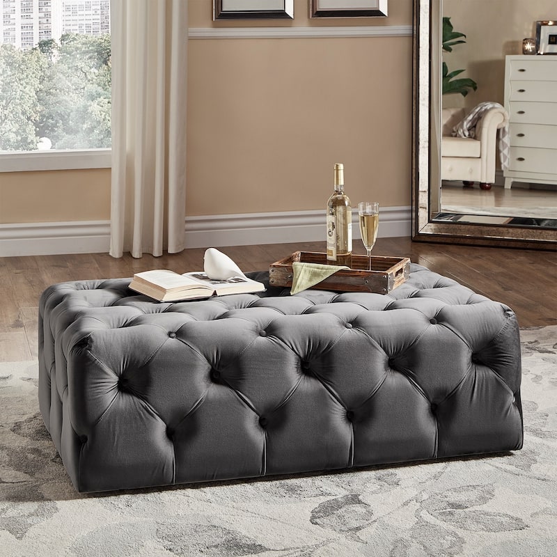 Knightsbridge Rectangular Tufted Ottoman with Casters by iNSPIRE Q Artisan - Charcoal Velvet