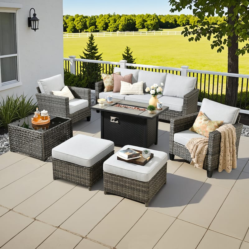 XIZZI 7-Piece Outdoor Patio Wicker Furniture Set with Fire Table - Grey