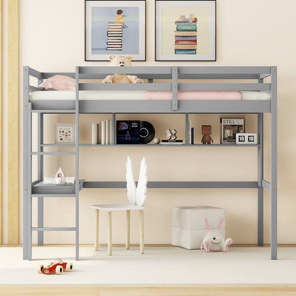 slide 2 of 13, Grey Twin Size Wood Loft Bed with Desk, Shelves, and Guardrail Grey