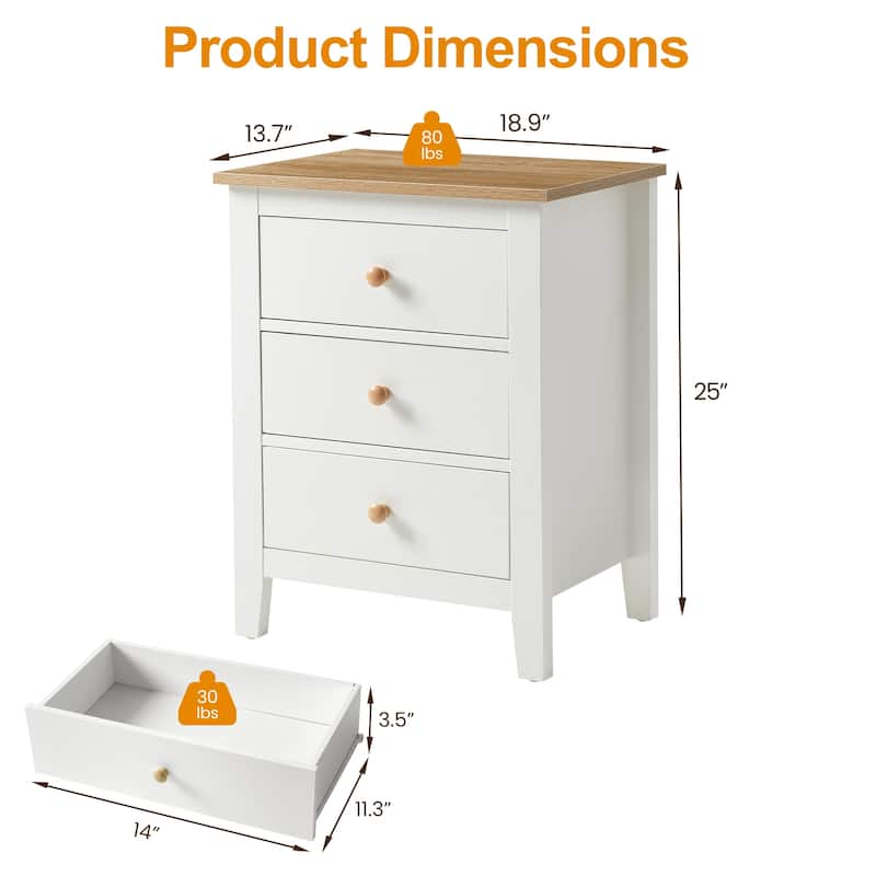 3 Drawer Nightstand Set of 2, Bedside Tables with Solid Wood Knobs