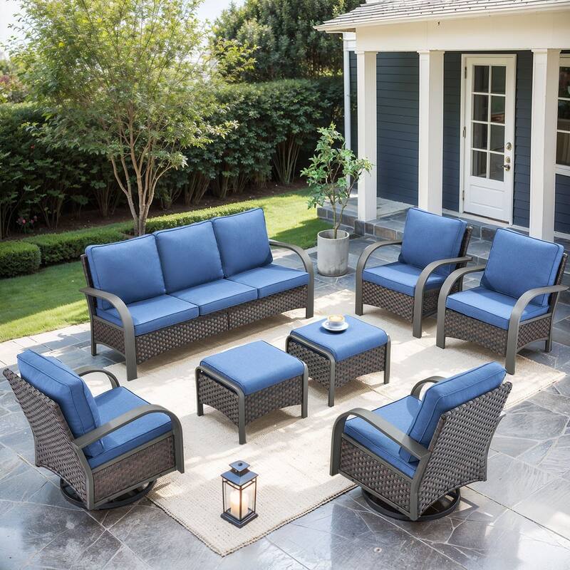 Outdoor Sofa with 2 Swivel Chairs, 2 Patio Chairs and 2 Ottomans - Blue - Brown