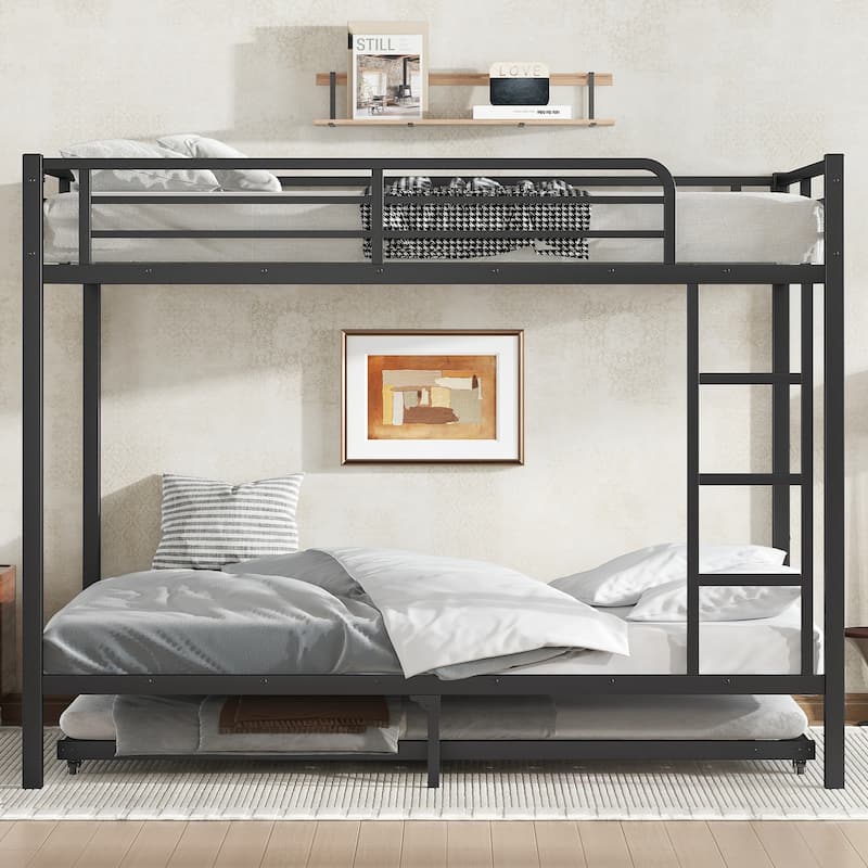 Full over Full Metal Bunk Bed with Twin Trundle and Under-Bed Storage