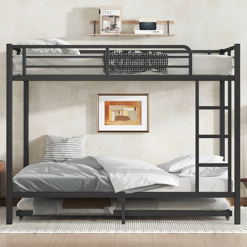 Roomfitters Twin/Full Metal Bunk Bed with Twin Trundle, Space-Saving Design for Teens & Adults, Black