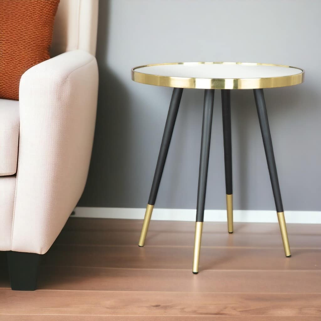 HomeRoots 20" Gold and Black Mirrored Glass and Iron Round End Table - 18' X '20' X '18