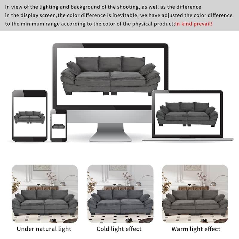 Corduroy Fabric Small Sofa, Upholstered Curved Sofa with 2 Throw Pillows, Deep Seat Sofa with Armrests & Cushions