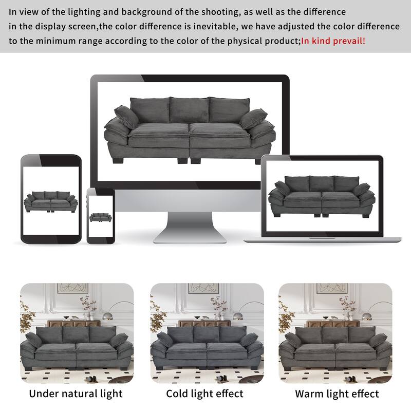 Gray Modern 85.4" Corduroy Upholstered Loveseat Sofa with 2 Decorative Throw Pillows for Living Room