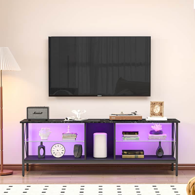 Modern TV stand,Iron TV cabinet Black/White with LED Lights, Remote Control,Toughened Glass Stand - Black