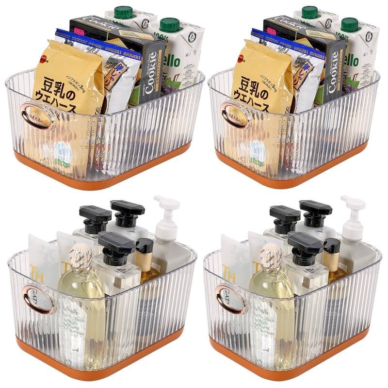 VECELO 4-Pack PET Storage Bins with Handles 2-Size Set with Orange Trim for Bathroom Kitchen Pantry Clear Plastic Storage Boxes - Set of 4 - 5.91'Height
