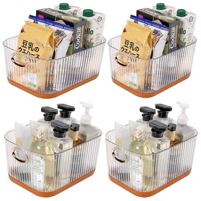 VECELO 4-Pack PET Storage Bins with Handles 2-Size Set with Orange Trim for Bathroom Kitchen Pantry Clear Plastic Storage Boxes