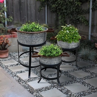 3 Piece Round Tub Metal Planter Set with Stand in Galvanized - 51.5 H x 38 W x 54.5 L Inches