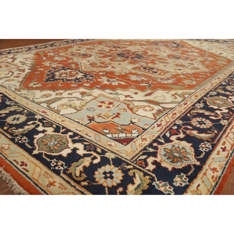 Hand Knotted Oriental 100% Wool Carpet Traditional Medallion Oranges & Rust Heriz (serapi) Area Rug - 11' 10'' X 9' 2''