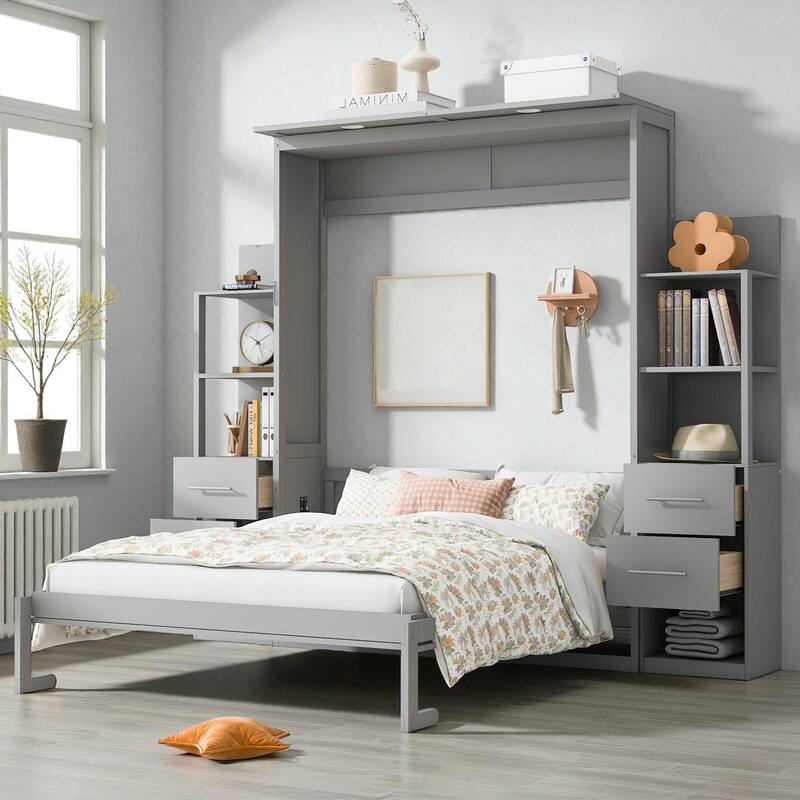 Queen Size Murphy Wall Bed with Shelves, Drawers and LED Lights, Space-Saving Foldable Bed for Guest Room or Home Office