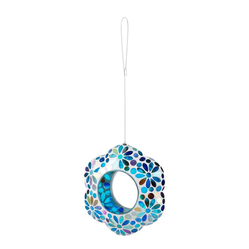 Glitzhome 8.5"D Glass Flower Shaped Hanging Multi-Color Mosaic Birdfeeder