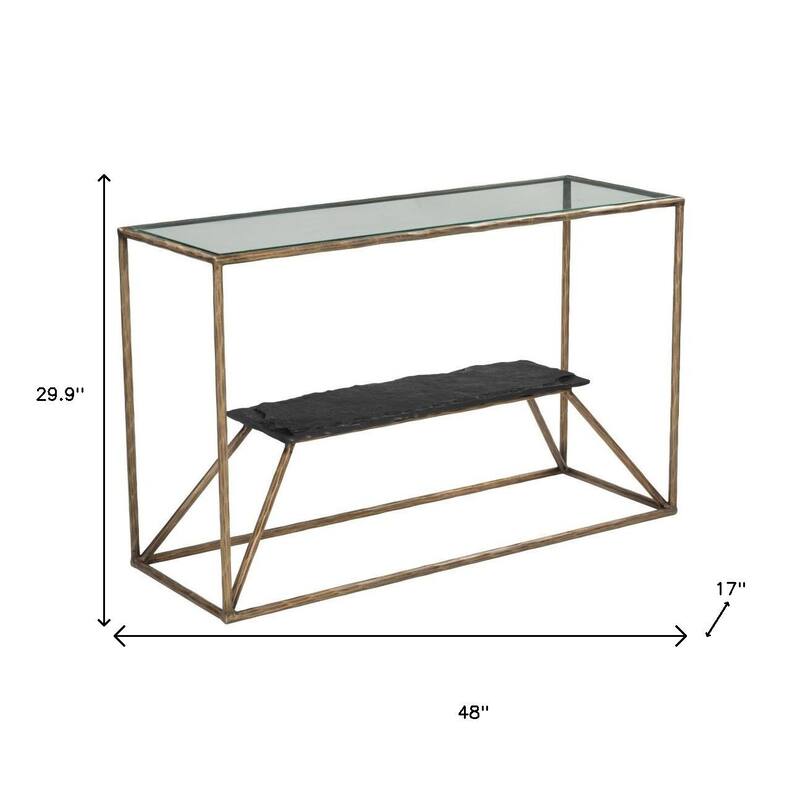 HomeRoots 48" Clear and Brass Glass Iron and Stone Frame Console Table With Shelf - 48.00 in. x 29.90 in. x 17.00 in.
