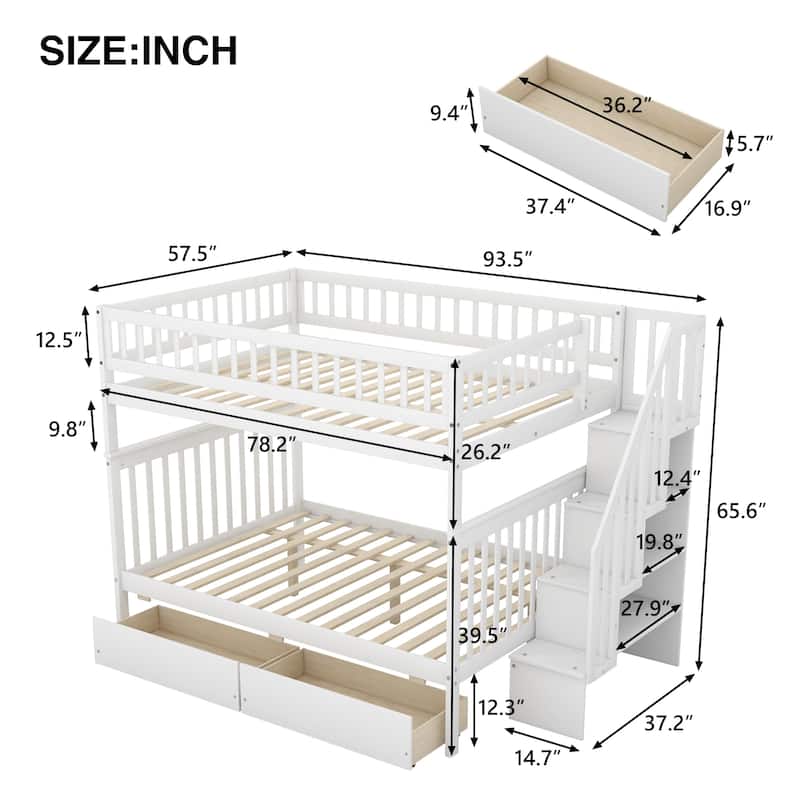 Roomfitters Full over Full Bunk Bed with Storage Compartments and Two Drawers, White