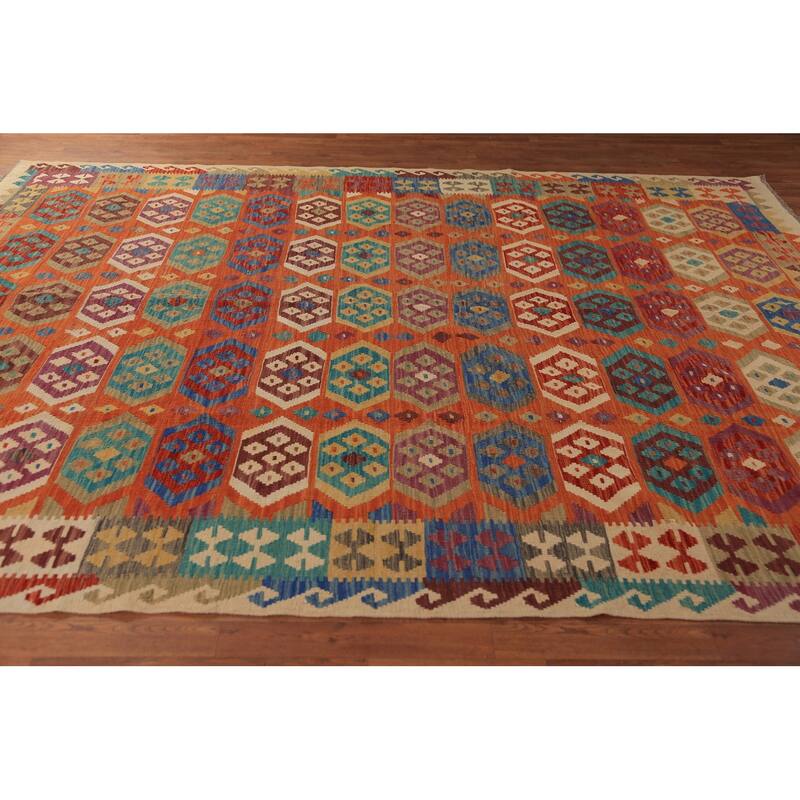 Orange Kilim Reversible Area Rug Hand-Woven Tribal Wool Carpet - 8'4"x 11'2"