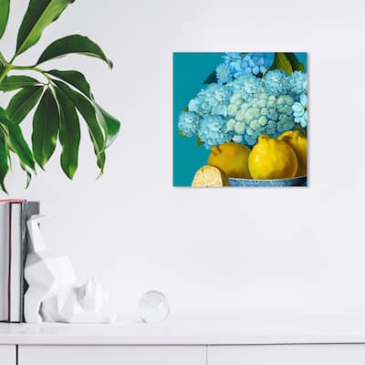 Wynwood Studio Canvas Floral and Botanical Hydrangeas and Lemons Blue and Teal Traditional Wall Art Canvas Print