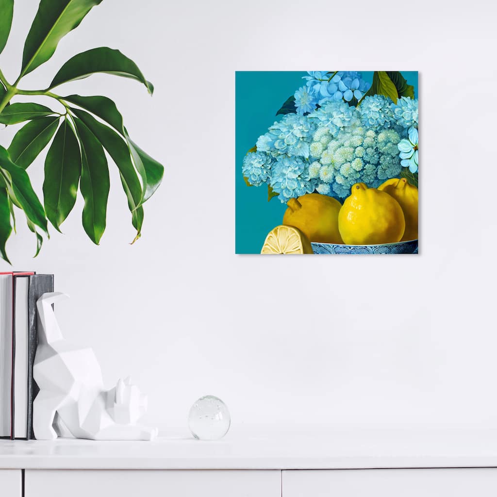 Wynwood Studio Canvas Floral and Botanical Hydrangeas and Lemons Blue and Teal Traditional Wall Art Canvas Print