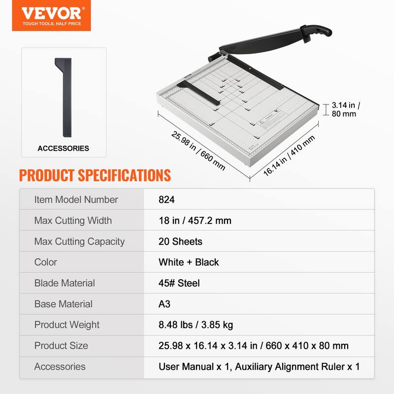 VEVOR Paper Cutter Guillotine Trimmer 15"/18" Cut Length 16/20 Sheets Capacity, Heavy Duty Guillotine Paper Cutter