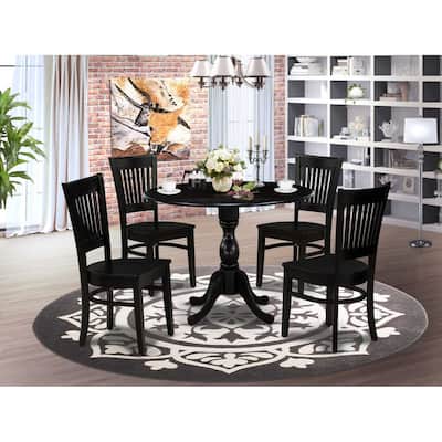HomeStock 5-Piece Round Black Finish Solid Wood Top Dining table with 4 Chairs with Drop Leaf Slat Back