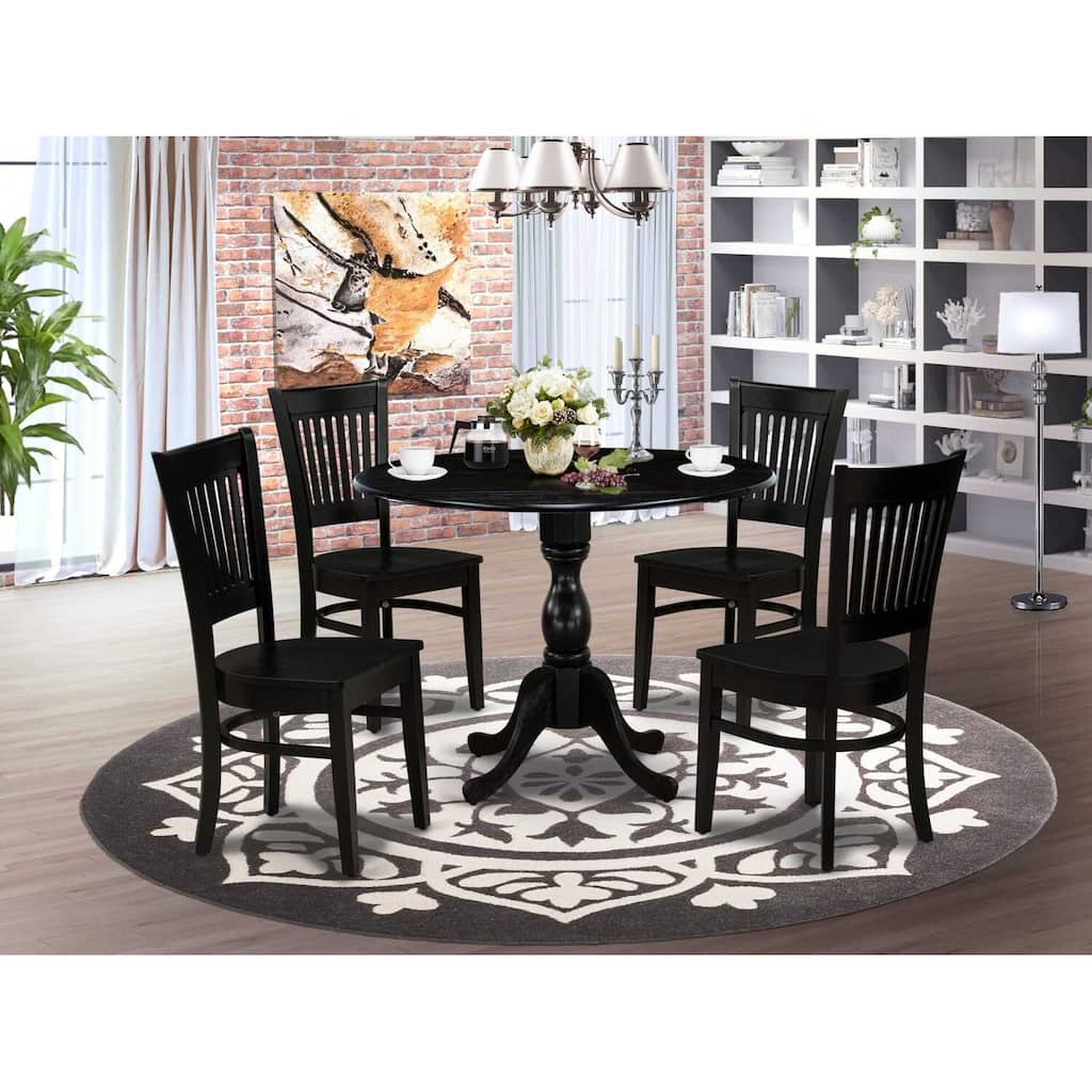 HomeStock 5-Piece Round Black Finish Solid Wood Top Dining table with 4 Chairs with Drop Leaf Slat Back
