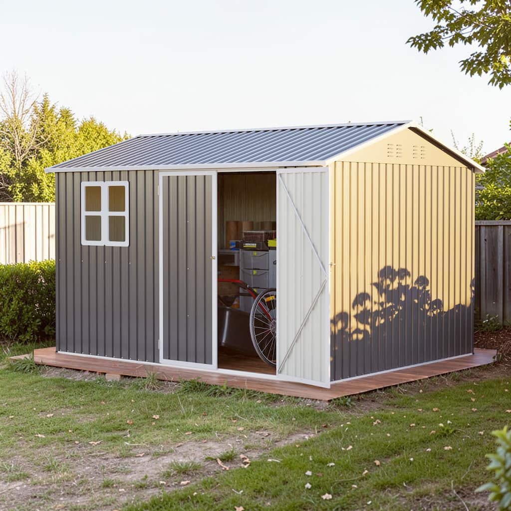10x8 Ft Steel Storage Shed with Window, Lockable Doors, Sloped Roof, Outdoor Garden Tool Shed
