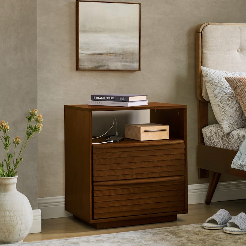 Mid-Century Modern Nightstand with Charging Station & Outlet Hole & 2 Solid Wood Drawers - Walnut Brown