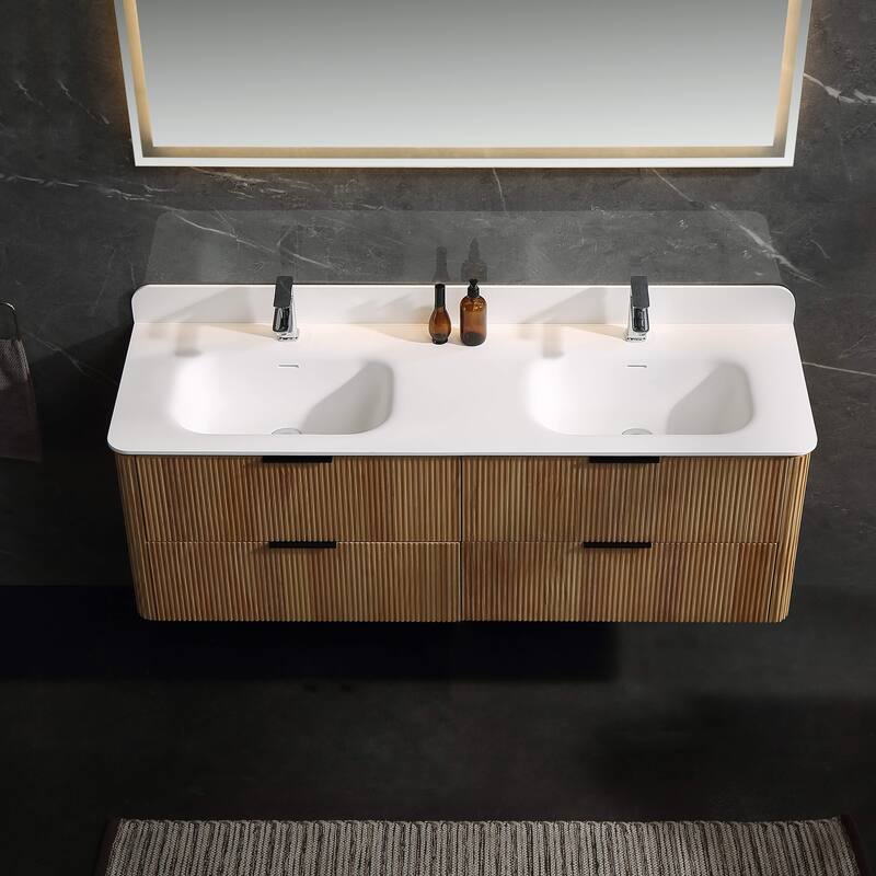 Modland 60" Natural Reeded Oak Wall-Mounted Double Sink Bathroom Vanity with Acrylic Top