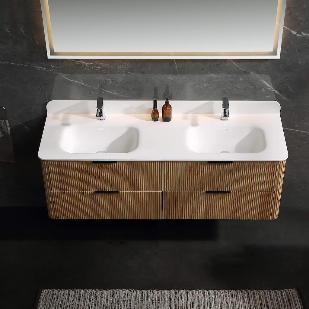 Modland 60" Natural Reeded Oak Wall-Mounted Double Sink Bathroom Vanity with Acrylic Top