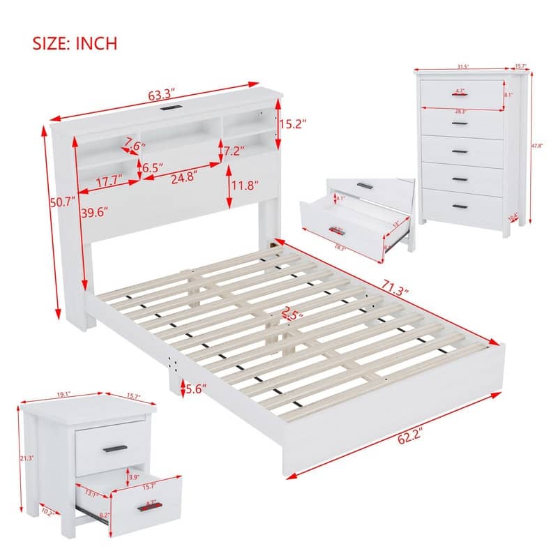 2/3/4-Piece Bedroom Set, Twin/Full/Queen, Wooden Bed, 2 Nightstands, Dresser, Sliding Door Headboard, White/White+Brown