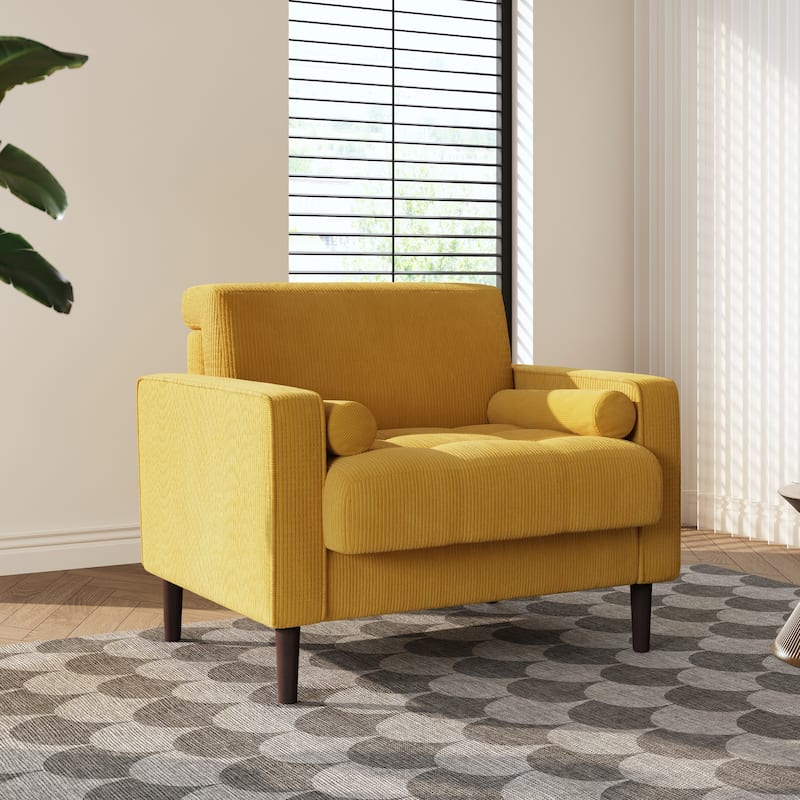 Modern Upholstered Corduroy Wide Armchair with Bolster Pillows - Yellow
