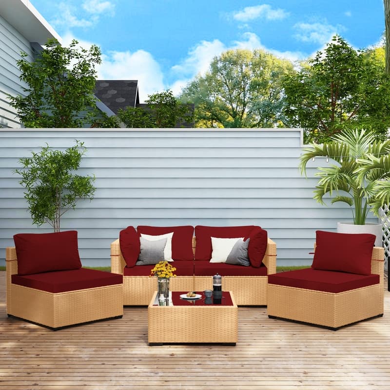 Patio Watcher 5-Pieces Yellow Rattan Conversation Set with Cusions for Outdoors