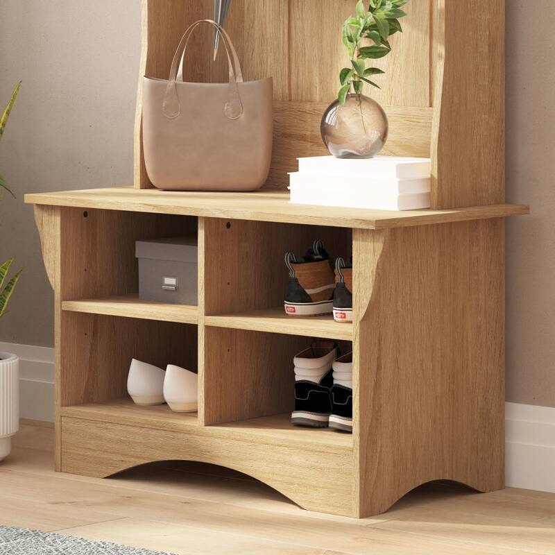 Hall Tree with Divided Cubby Bench Storage and 3 Coat Hooks