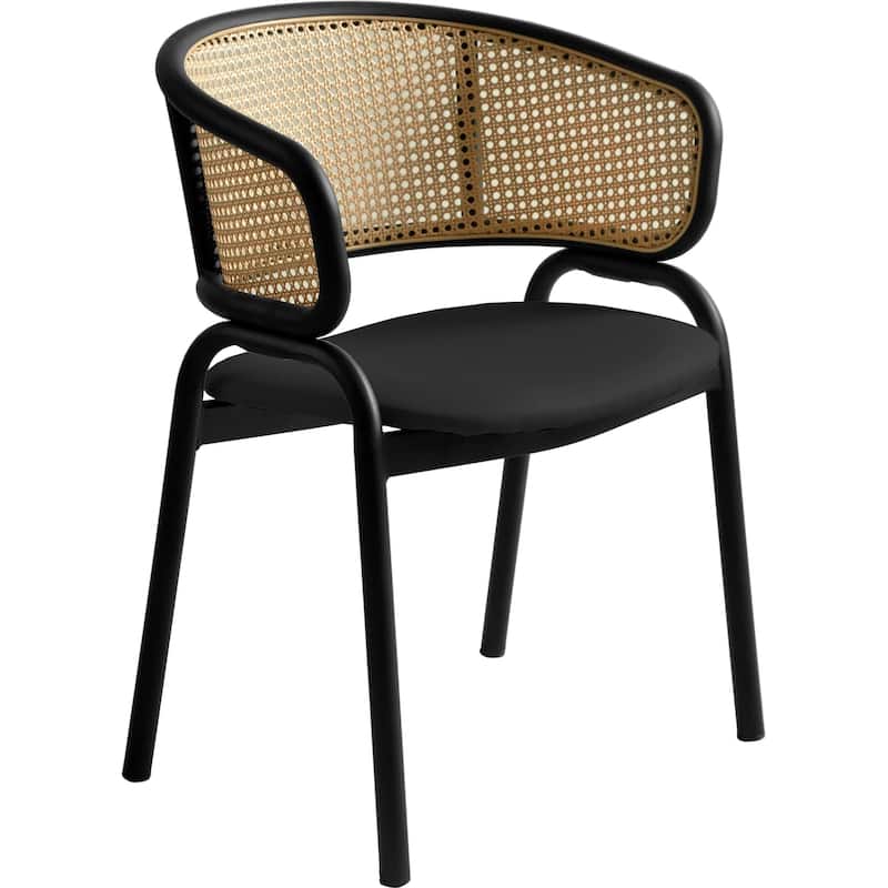 LeisureMod Modern Leather Dining Chair with Wicker Back & Black Steel Frame - Accent Side Armchair for Home Furniture