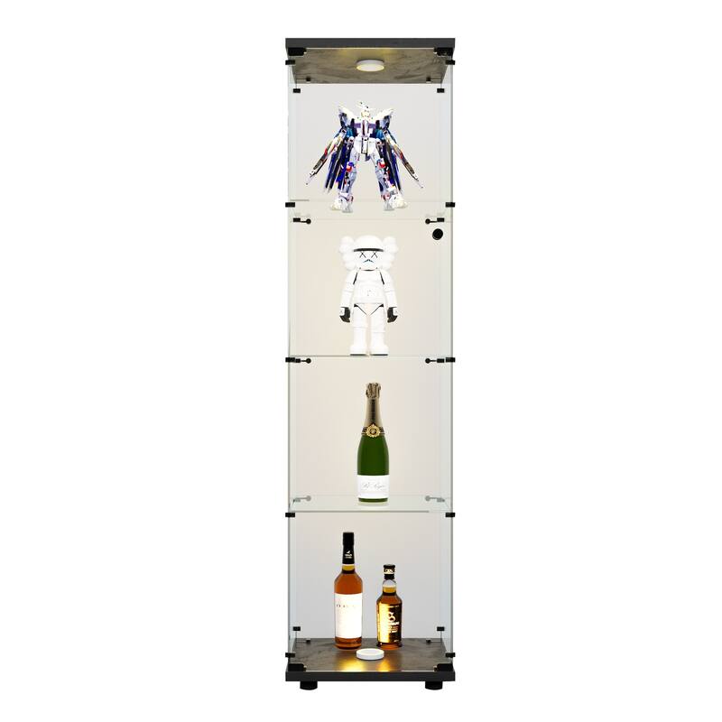 LED lights Glass Display Cabinet 4 Shelves with Door and Lock, Floor Standing Curio Bookshelf for Living Room Bedroom Office