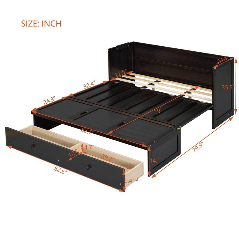 Queen Size Murphy Bed with USB Port and Large Drawer, Space-Saving Design, No Box Spring Needed, Espresso Finish
