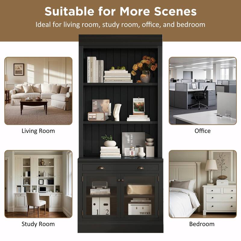 83.4" Tall Bookshelf, Modern Bookcase with 2 Glass Doors, 1 Drawer & Open Shelves