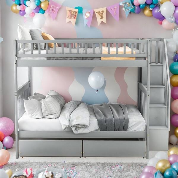slide 2 of 22, Full over Full Bunk Bed with Two Drawers and Storage Grey