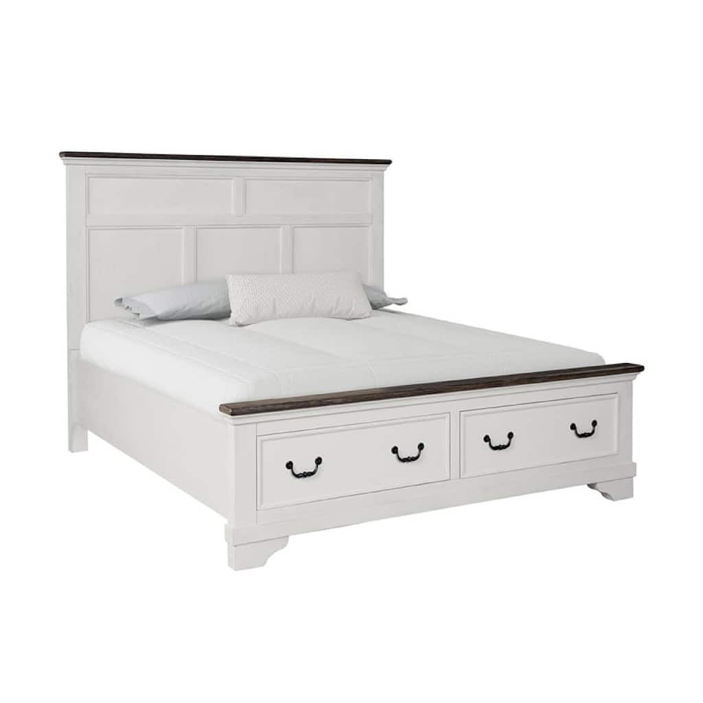 Hamps King Size Bed, 2 Drawers, White and Dark Brown Solid Wood Frame
